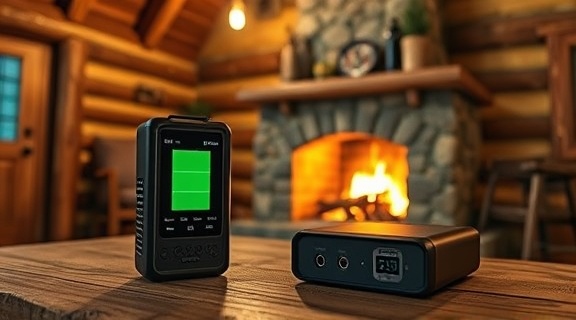 reliable PortableChargerHome, determined, restoring battery life, photorealistic, in a rustic cabin with a stone fireplace, highly detailed, digital display indicators, 50mm prime lens, oak, warm firelight