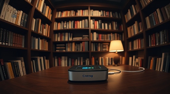 modern ChargerPortableHome, alert, distributing energy evenly, photorealistic, in a sophisticated home library filled with books, highly detailed, vent placement, fisheye lens, dark wood, soft table lamp light