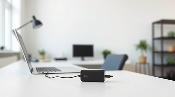 discreet HomePortableCharger, relaxed, integrated into the workspace, photorealistic, in a minimalist study room with white walls, highly detailed, visible connections, 35mm lens, black, cool ambient lighting