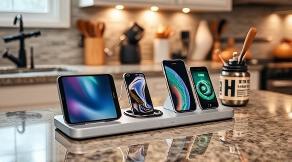 convenient ChargerPortableHome, seamless, charging multiple gadgets, photorealistic, on a granite countertop with kitchen utensils, highly detailed, ergonomic design, 35mm lens, silver finish, under cabinet lighting