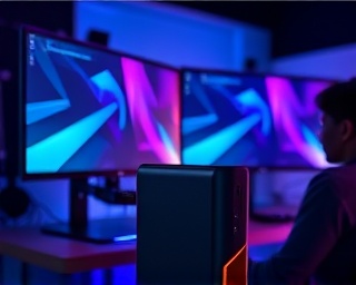 energetic PortableHomeCharger, vital, replenishing batteries quickly, photorealistic, in a high-tech gaming room with dual monitors, highly detailed, customizable LED color patterns, wide lens, matte black, RGB lighting