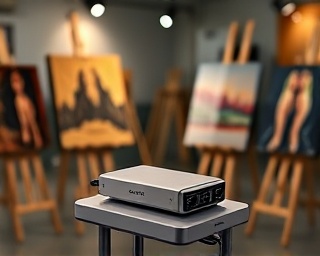 sleek HomePortableCharger, attentive, managing power distribution, photorealistic, in an artist's studio with canvases and paints, highly detailed, visible circuitry, 85mm f/1.2 lens, stainless steel, studio spotlights