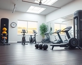 ultra-modern ChargerHomePortable, calm, providing uninterrupted power, photorealistic, in a serene home gym with exercise equipment, highly detailed, seamless body, macro detail lens, white, sunlit from skylights