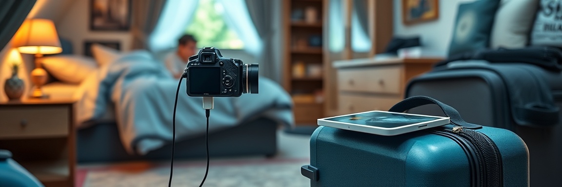 compact ChargerPortableHome, busy, powering up cameras and tablets, photorealistic, in a traveler's bedroom with a suitcase on the floor, highly detailed, quick release mechanism, zoom lens, teal, indirect lighting