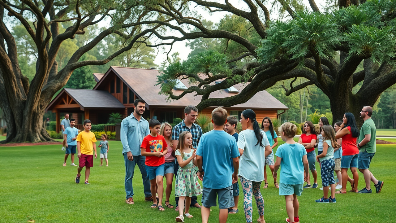 Inviting Christian camp nestled in Central Florida, joyful families and youth groups gathering, lush green landscape with camp buildings, florida christian camp rental, people interacting warmly, photorealistic high fidelity lifelike