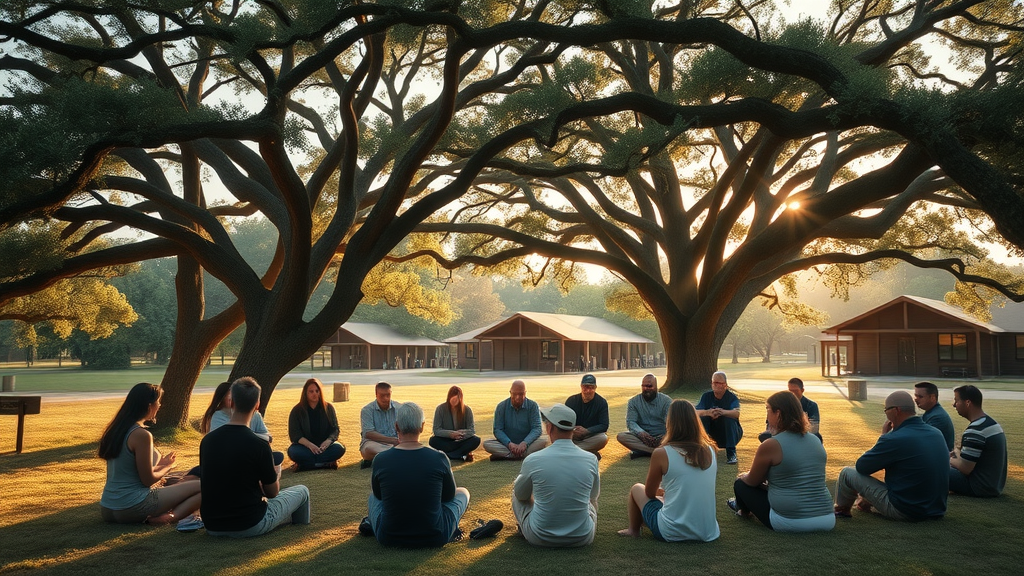 Serene campgrounds under sprawling live oak trees, group praying together at christian camp, florida christian camp rental, highly detailed and photorealistic