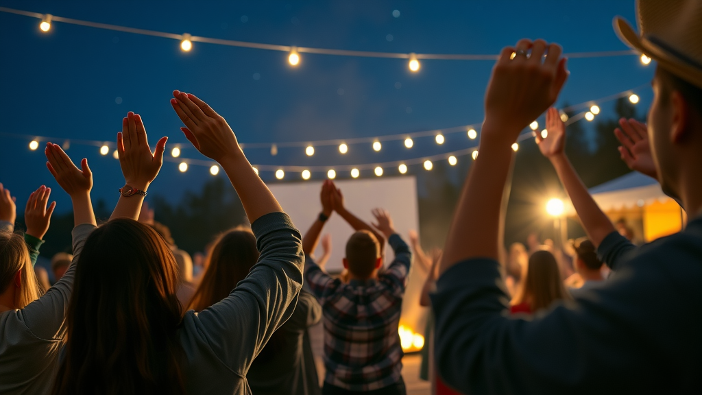 Vibrant group worship service outdoors at night, outdoor amphitheater, people raising hands in worship at florida christian camp rental, expressive faces, starlit sky and glowing campfire