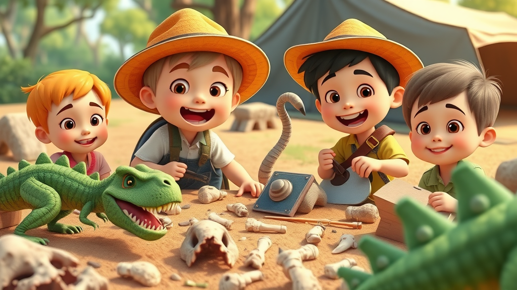 Engaging dinosaur dig adventure for children at christian camp, kids discovering fossils, hands-on activity at florida christian camp rental, colorful environment