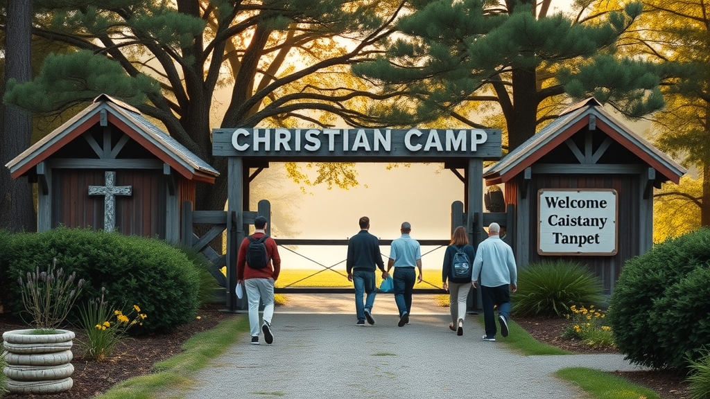 Inviting central florida christian camp rental entrance with guests arriving beneath lush oak and pine trees, welcoming and peaceful atmosphere, crisp morning lighting