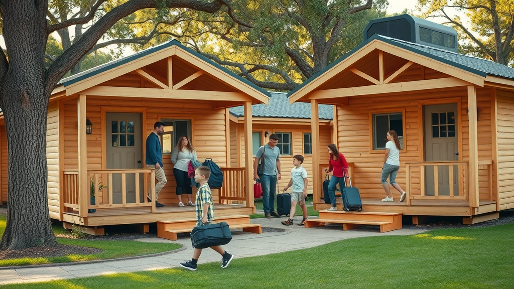 Charming modern cabins at central florida christian camp rental, families and youth arriving, unloading luggage, surrounded by oak trees
