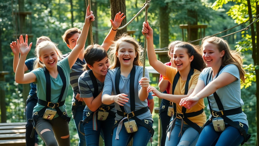 Dynamic youth group at central florida christian camp rental collaborating on ropes course challenge in forest, showing teamwork and laughter