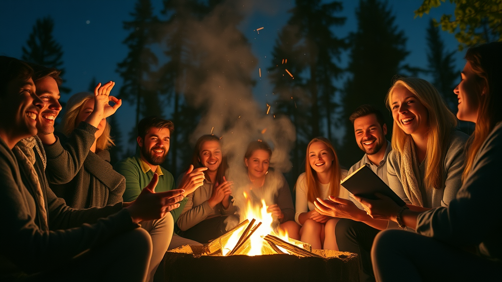 Uplifted church group at central florida christian camp rental sharing stories around a glowing campfire under the stars
