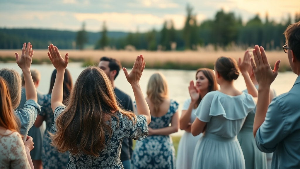 Scenic worship gathering outdoors at central florida christian camp rental with attendees singing and raising hands by a lake