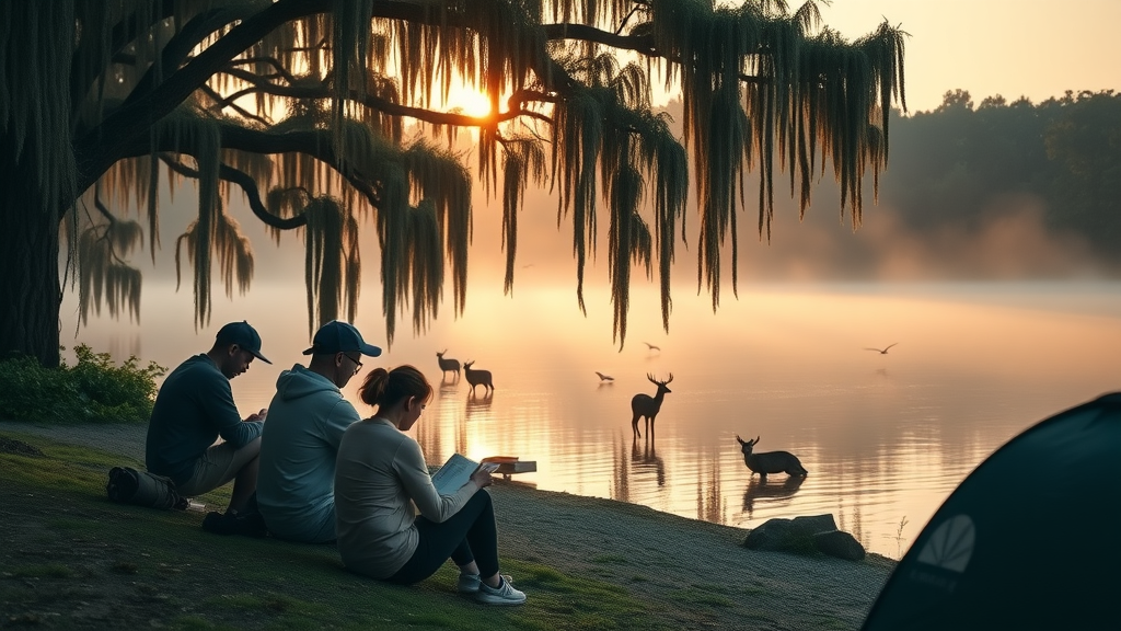 Serene lakeside at Camp Impact at sunrise, campers reflecting, praying or reading, cypress trees draped in Spanish moss, mist rising—church camp in Florida natural setting.