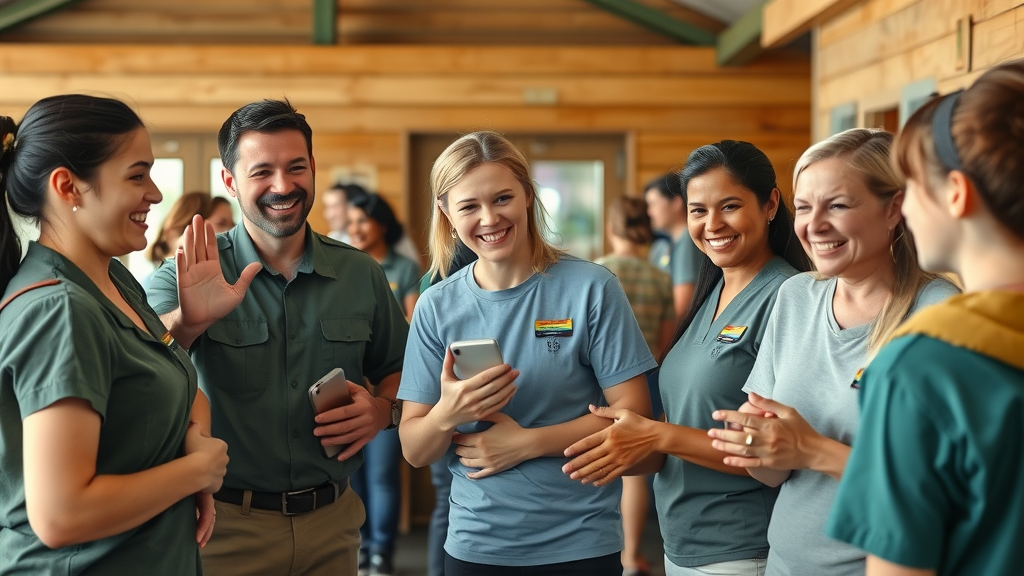 Friendly Camp Impact staff greeting and reassuring arriving guests, staff in uniform, families and youth entering reception area with visible safety features; church camp in central florida prioritizing security and welcome.