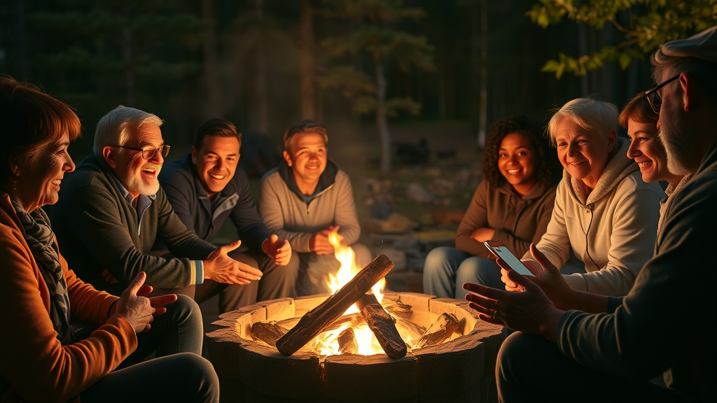 Diverse group sharing testimonies around a glowing campfire at Camp Impact, night scene with mixed ages, expressive faces illuminated by firelight—church camp in florida ministry transformation.