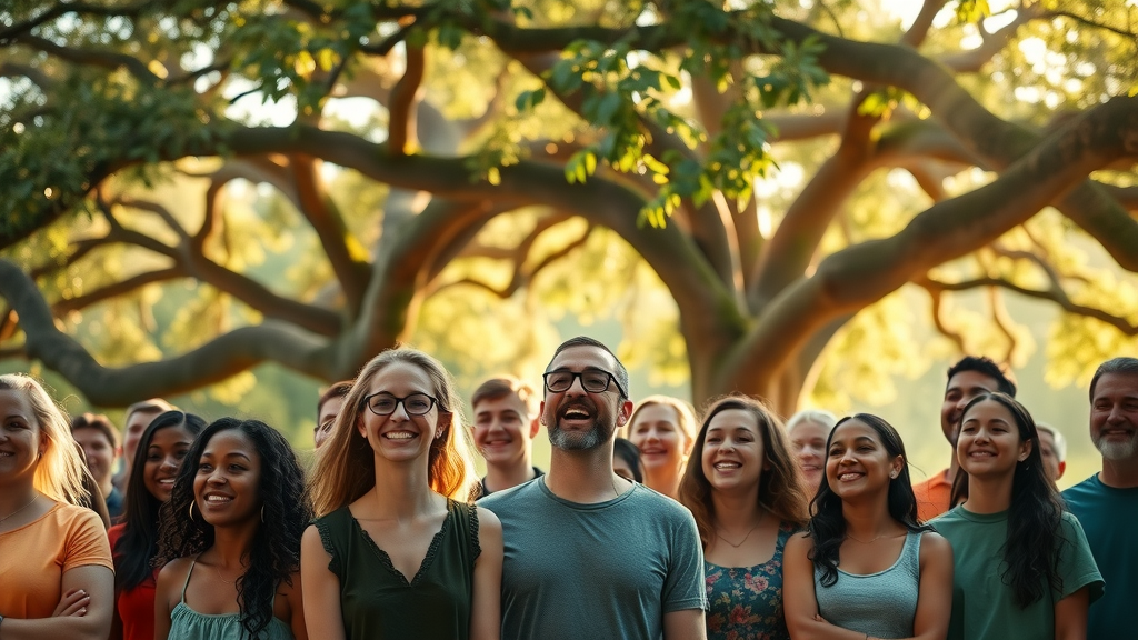 Inviting group of diverse church campers in Central Florida worshiping outdoors at Camp Impact, joyful expressions, dappled sunlight under live oak trees, modern church camp in Central Florida scenery