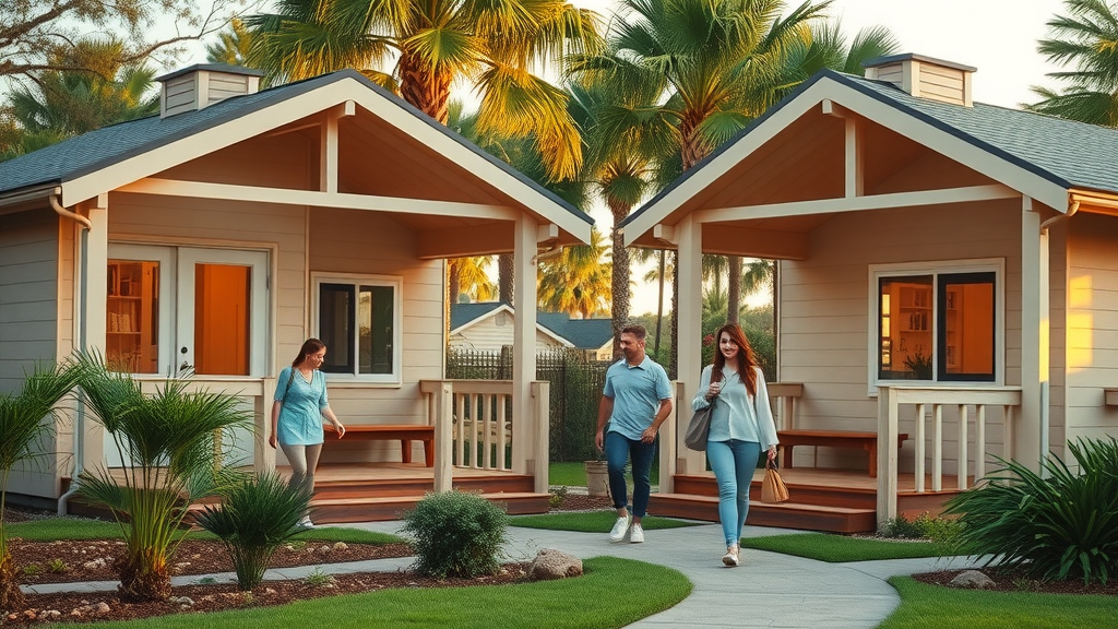 Modern church camp cabins at Camp Impact, comfortable and inviting lodging for groups, surrounded by Central Florida palm trees, guests arriving with bags, best church camp accommodations in Central Florida