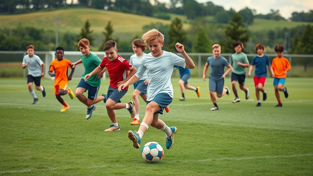 Large youth group playing soccer on a professional-grade field at Camp Impact, energetic outdoor activities in Central Florida, dynamic church camp sports facilities
