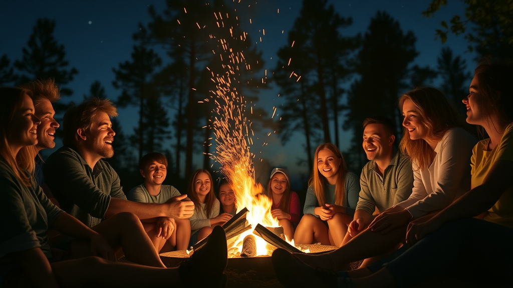 Church campers sharing stories and singing around a glowing campfire at Camp Impact, peaceful night worship in Central Florida, impactful church camp retreat