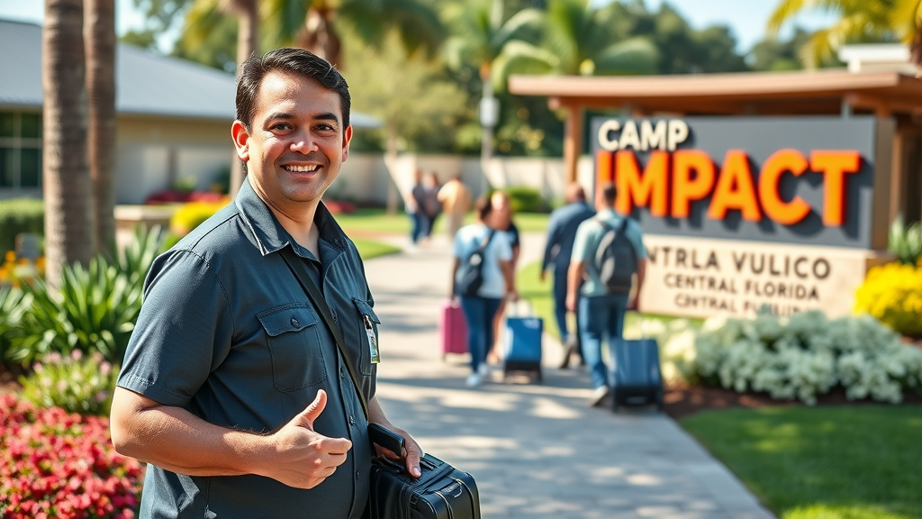 Welcoming church camp staff member greeting large ministry group arriving at Camp Impact, Central Florida, modern entrance and inviting landscape at church camp in Central Florida
