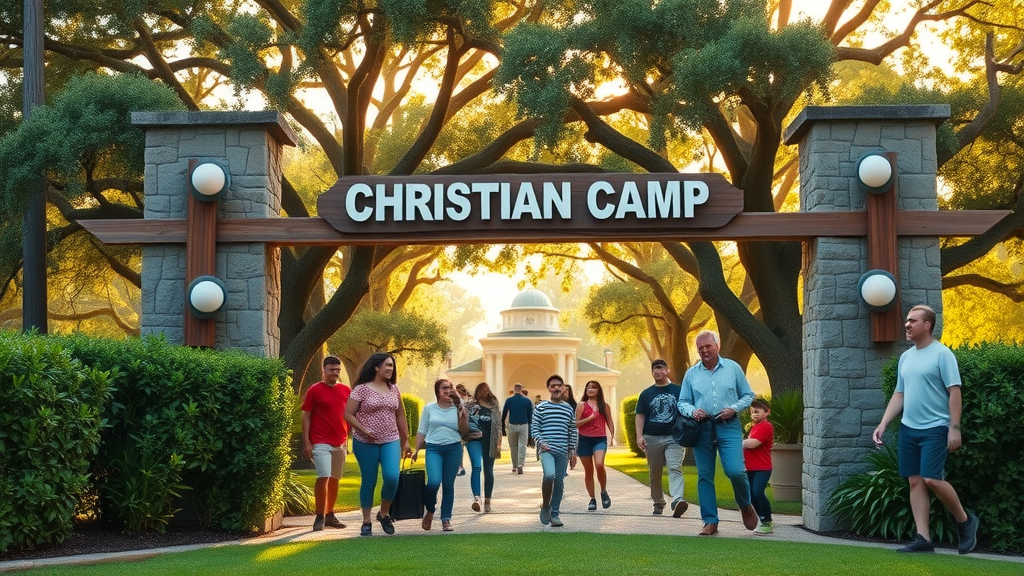christian camp in central florida entrance sign welcoming families and groups, lush Floridian greenery, vibrant, photorealistic, sun rays through oak trees