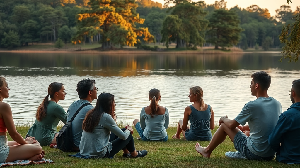 peaceful lakeside retreat at christian camp in central florida, reflective youth and adults, calm moss-draped cypress trees, detailed and natural lighting