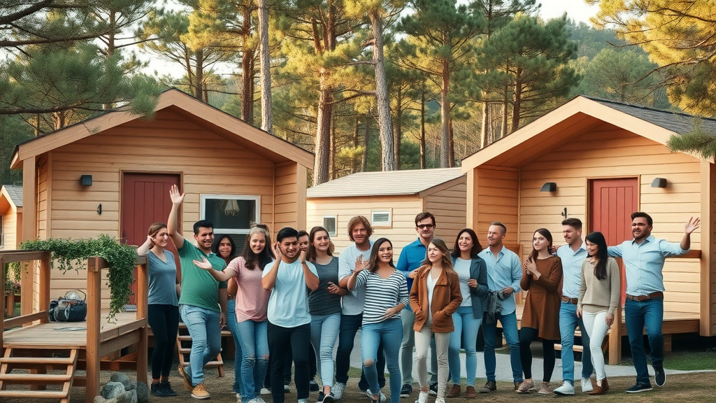 modern group cabins at christian camp in central florida, youth and adults gathering, surrounded by pine and oak trees, clean natural daylight