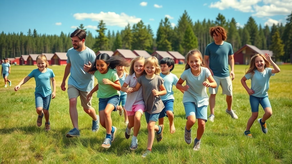 joyful children teenagers playing open grassy field at christian camp in central florida, adults supervising, wooded background, action games, bright sunlight
