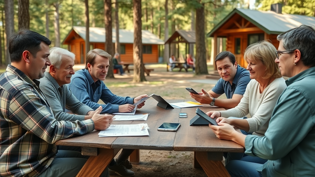 group of adults in an outdoor planning meeting at christian camp in central florida, collaborative, using brochures, cabins and picnic table, pine woods
