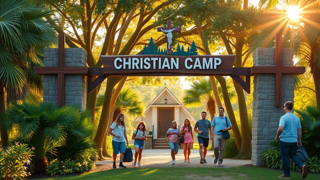 Christian camp in florida entrance sign with excited families and youth arriving, lush Florida greenery, sunlight streaming, warm and welcoming atmosphere