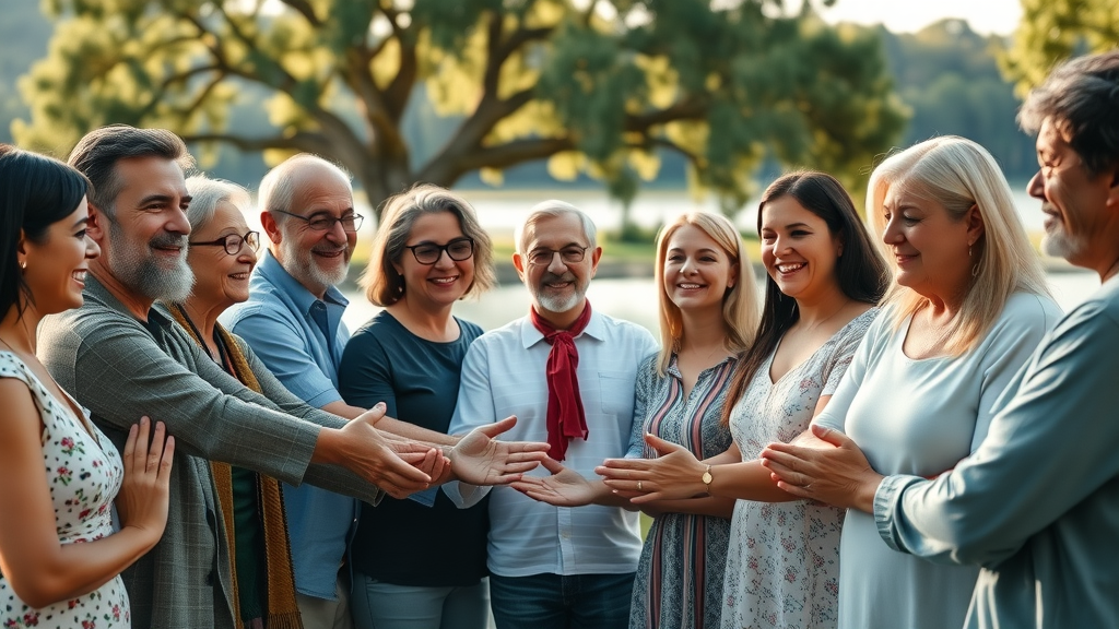 Group prayer circle outdoors at Christian camp in Florida, lakeside, oak trees, spiritual connection and happiness, soft natural sunlight