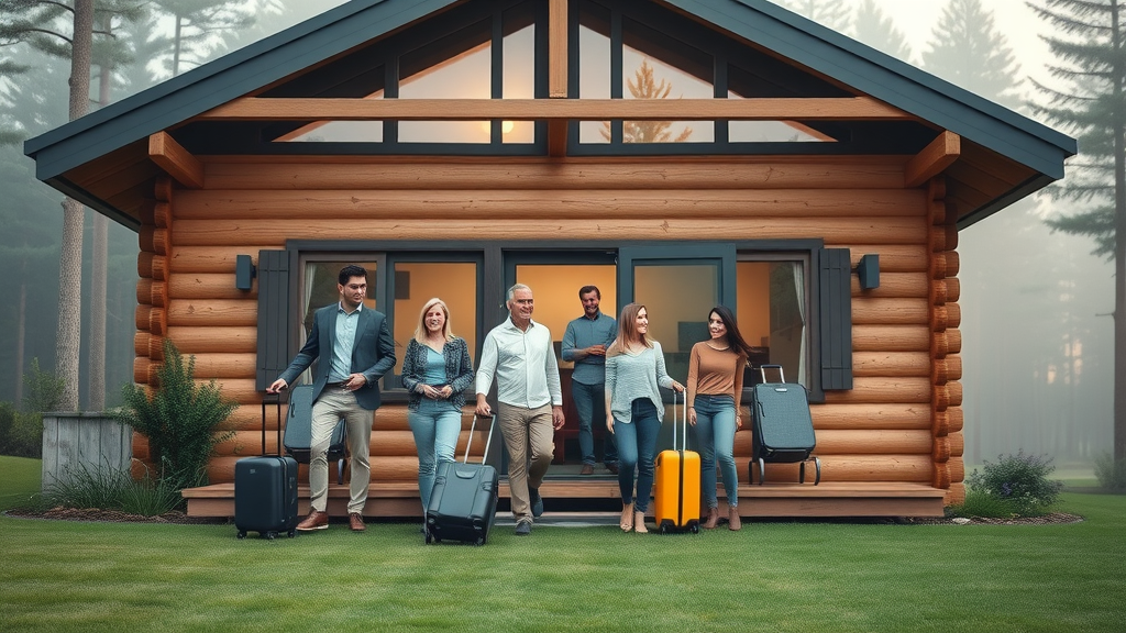 Modern cabin at a Christian camp in Florida, air-conditioned, families gathering with anticipation and contentment, pine backdrop, fresh morning atmosphere