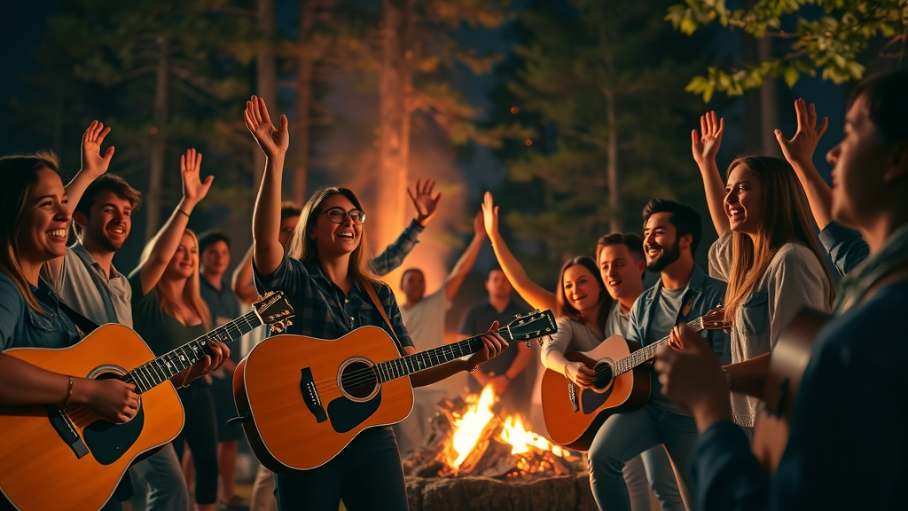 Campfire worship night at Christian camp in Florida, youth and adults singing under stars, joyful and immersive atmosphere, pine forest background, firelight glowing