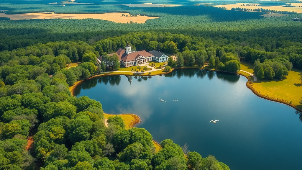 Aerial view of Christian camp in Central Florida surrounded by lush greenery, tranquil lake, inviting walking trails, birds flying, bright morning light