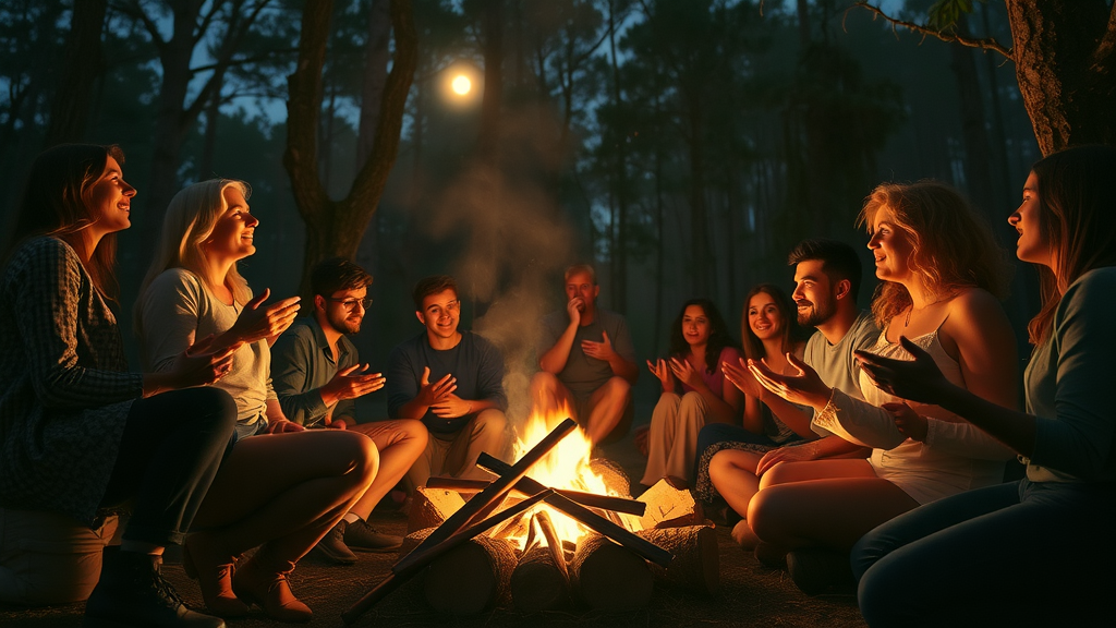 Inspiring multi-generational group in worship, praying and singing around campfire under Central Florida starlit sky at youth church camp central florida.