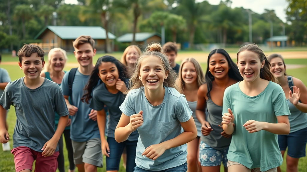 vibrant group of diverse teenagers and youth leaders, joyful expressions, participating in team-building games and outdoor fellowship, lush green Florida campgrounds with cabins and sports fields in the background, energetic motion, natural daylight — youth church camp Florida