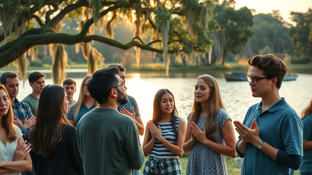 serene lakeside worship service, peaceful expressions, youth gathered in worship and prayer, tranquil lake with Spanish moss-draped live oaks, youth church camp Florida