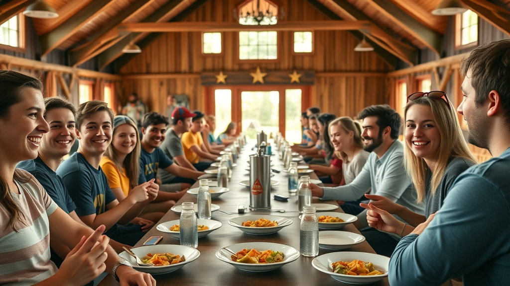 lively breakfast scene, smiling youth and leaders, gathered in a rustic main hall, long tables filled with plates of food, vibrant camp atmosphere, youth church camp Florida