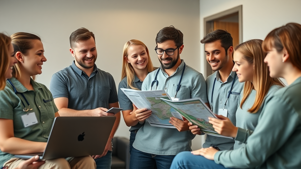 professional camp staff, warm welcoming expressions, assisting youth leaders with event planning, comfortable meeting room with camp maps and laptops, youth church camp Florida