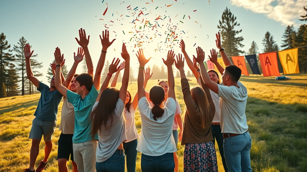 triumphant diverse youth group and leaders, grateful expressions, arms raised in a celebratory circle, sun-drenched open field with pine trees and colorful camp banners, youth church camp Florida