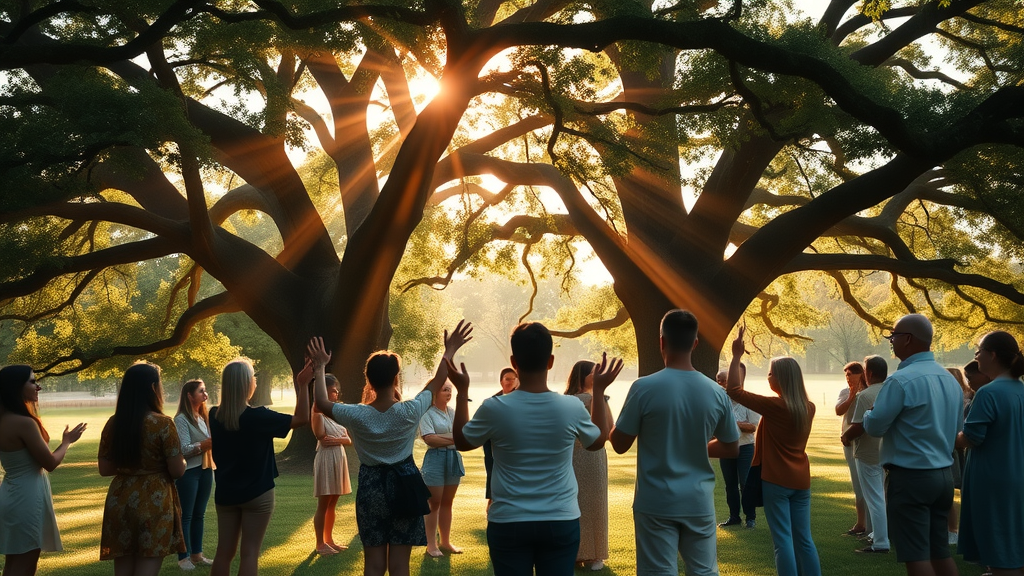 Church group worship session in a serene oak grove at Camp Impact Central Florida, hands raised, dappled sunlight, tranquil faith environment