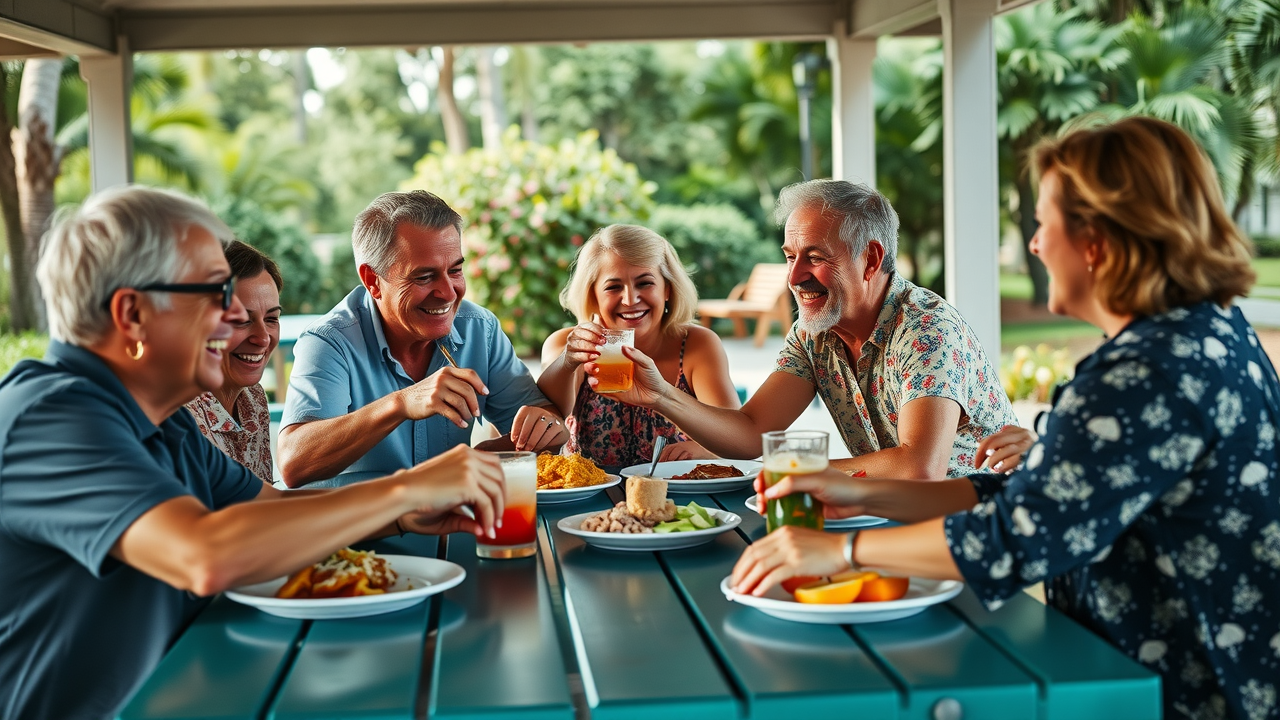 Multigenerational church community sharing a meal at Camp Impact, Central Florida, picnic ambiance, fellowship, family retreat environment