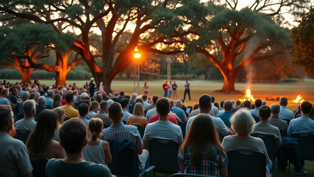 Church camp retreat Florida worship service at Camp Impact’s outdoor amphitheater with families and youth