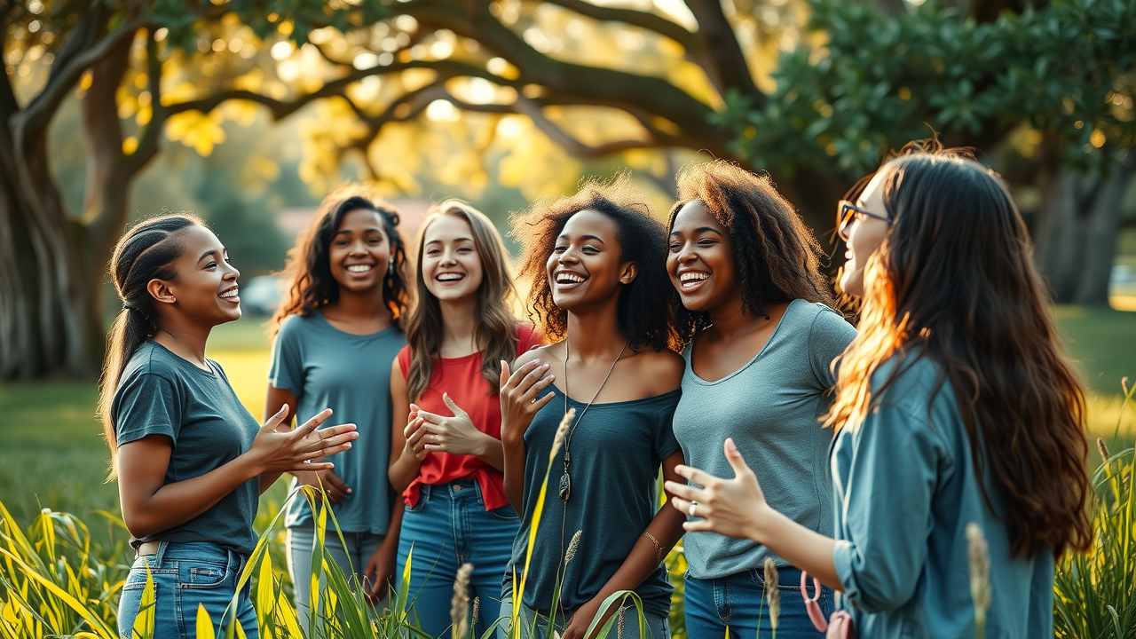 Christian youth camp Central Florida - Diverse teens gather in outdoor worship at Camp Impact grounds with live oaks and sunlit grass