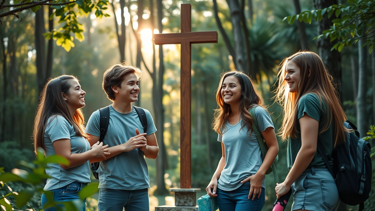 A Christian youth camp Florida setting: Serene outdoor Christian camp with joyful teenagers and counselors in relaxed conversation near a cross, lush Central Florida forest background, cabins visible, sunlight filtering through trees.