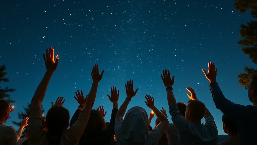 Christian youth camp Florida worship: Uplifting group worship beneath the night sky at Camp Impact, youth and adults gathered with hands raised, glowing firelight and star-filled sky.