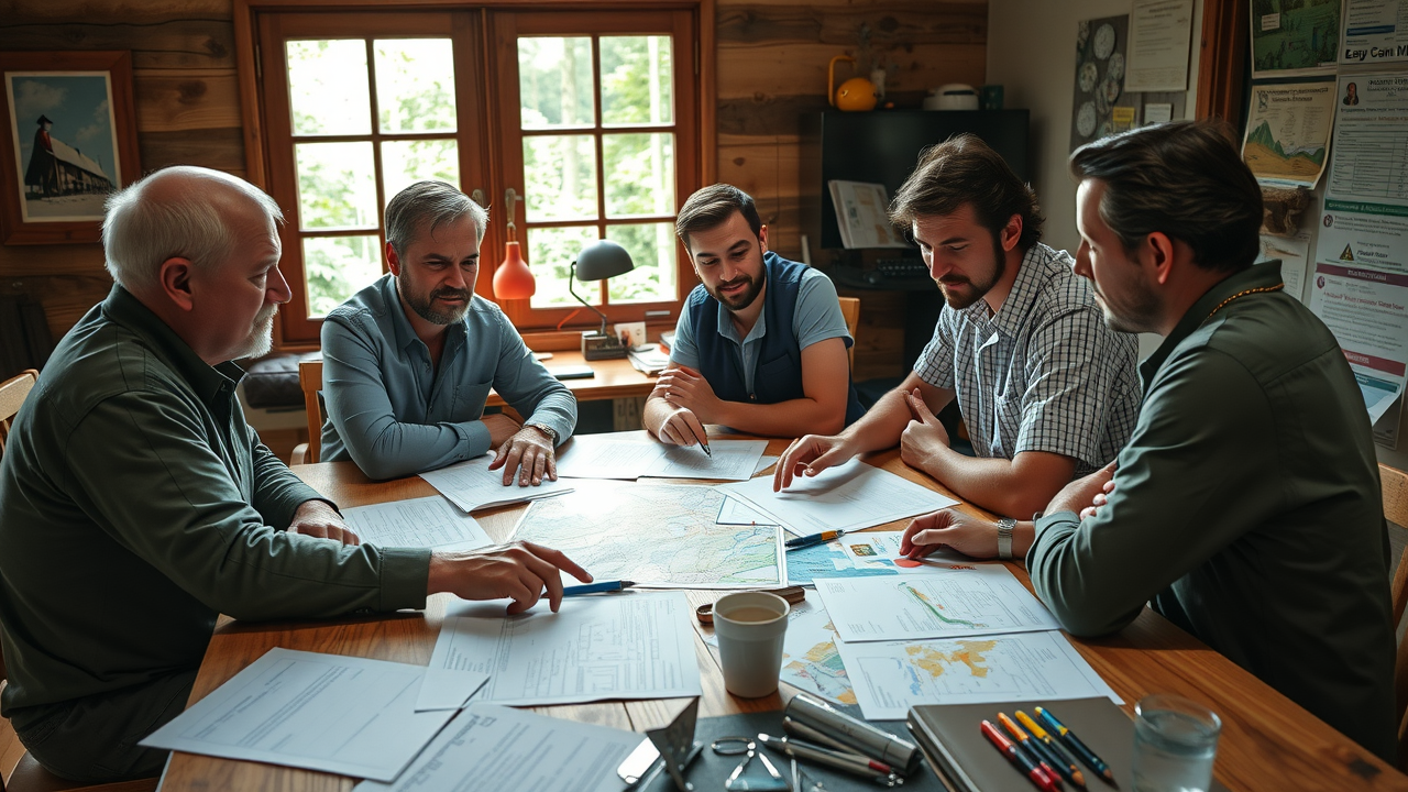 Church leaders planning camp event: Diverse leaders consulting with Camp Impact staff at a rustic table, planning materials spread out, hands pointing at maps, bright daylight through windows and greenery outside.