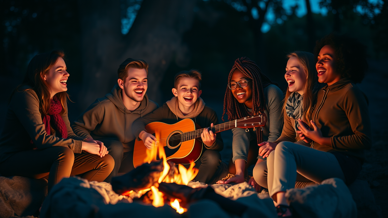 teen camp evening campfire gathering singing guitar florida christian camp teens