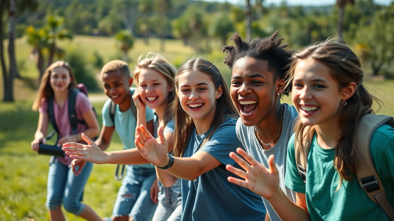 central florida christian camp for teens group playing team-building games in open field